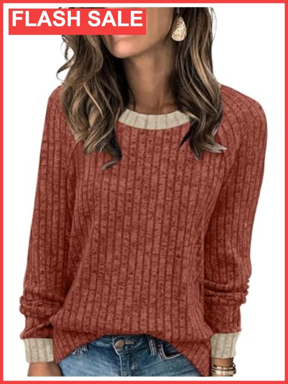 Womens Lightweight Color Block Sweater Long Sleeve Crew Neck Pullover